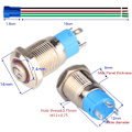 Miniatyrbilde 5 av 5: 2-pakning 12mm 12V 24V 3A rustfritt stål selvlåsende trykknappbryter LED-strømsymbol normalt åpen SPST PÅ Av vanntett med strømuttak (blå)