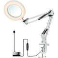 Miniatyrbillede 1 af 5: Fleksibel bordlampe med klemme, 8x forstørrelsesglas, drejelig arm, LED med variabel intensitet, skrivebordslampe, 3 farvetilstande og 10 lysstyrkeniveauer, læselampe