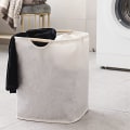 Pikkukuva 4 / 5: Beige Pesukone 41×55×29cm, Oxford-Kangas Taitettava Suurikapasiteettinen Pesukone Puukahvalla, Pesukori Makuuhuoneeseen Olohuoneeseen Lapsille