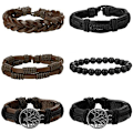 Miniatyrbillede 2 af 5: 6-delt sæt af læderarmbånd til mænd (sort og brun) med krøllede kanter, kvast træperler, etnisk og tribal religiøs charme