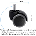 Miniatyrbild 4 av 5: Set med 5 hjul för kontorsstol - Dimension: 11 x 48 mm - hjul för skrivbord lämpliga för hårda golv - 360° rotation