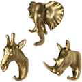 Miniatyrbild 1 av 5: 3-pack Elefant Giraff Noshörning Huvud Väggkrokar - Djurkrokar Inga Hål för Självhäftande Väggdekor (Guld)