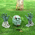 Miniatyrbillede 4 af 5: Halloween Dekorationer - Halloween Realistisk Zombie Ansigt og Arme Plænestav - Grøn Zombie Kranie med Blod og Hænder Have Stave