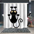 Miniatyrbild 1 av 4: Leashy duschdraperi för självmontering, humoristiskt kattmönster, med krokar (svart katt, 180x200)