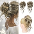 Miniatyrbilde 3 av 4: Hårstykke, 2 stk. Tousled Updo med Tendrils Hair Bun Extensions Bølget Krøllet Hår til Kvinner - Cool Light Blonde