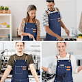 Pikkukuva 5 / 5: Kokkiessu Canvas-essu miehille ja naisille, jossa 3 taskua, ristiselkäinen kestävä työessu ruoanlaittoon, tummansininen