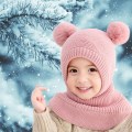Pikkukuva 3 / 5: Lasten talvinen lämmin hattuhuivi, lämmin neulottu hupullinen hattu tuplapom pom -designilla, korvaläpät fleecevuorella taaperoille tytöille pojille (Pi