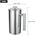 Miniatyrbillede 5 af 5: Stempelkande i rustfrit stål 304, termokaffemaskine, tekande, 800 ml, 3 filtre, anti-krydshåndtag, rustfri kaffepresse