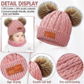 Miniatyrbillede 3 af 5: Børns vinter varm hue, halstørklæde og handsker sæt lyserød termisk strik hæklet tyk fluffy toddler halstørklæde dobbelt pom pom bobble hat med kunstig pels til piger