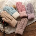 Miniatyrbild 2 av 2: Vinter damer varma sammet inner handled tjockare twist stickade handskar full finger handskar
