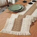 Miniatyrbillede 4 af 4: 30 x 160 cm Bomuldslinned Bordløber med Frynser Jute Bordløber med Frynser til Spisestue Borddekoration Familie Fester Bohême Bryllupper