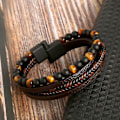 Miniatyrbillede 4 af 5: Håndvævet Læder Tigerøje Sten Armbånd Håndvævet Lava Sten Perler Mænds Armbånd Gul
