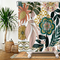 Miniatyrbillede 3 af 5: 180x180cm Boho bruseforhæng Pink Style Blomster Grønne Blade Forhæng Anti Mop Vandtæt Vaskbart Polyesterstof Badeværelsesforhæng