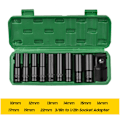 Miniatyrbilde 5 av 5: Tredelt 1/2 tommes sekskantede kraftpiper, 10 deler, dype piper, metriske størrelser fra 10 til 22 mm og 3/8 tommes adapter, CR-V materiale med rekkevidde