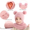 Pikkukuva 2 / 5: Lasten talvinen lämmin hattuhuivi, lämmin neulottu hupullinen hattu tuplapom pom -designilla, korvaläpät fleecevuorella taaperoille tytöille pojille (Pi
