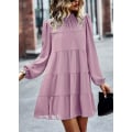 Miniatyrbilde 3 av 4: 2023 Kvinners Vår Sommer Lang Ermet Ruffle Maxi Kjole, Mock Neck Lagdelt Mini Babydoll Casual Swing Tunika Shift Kjole