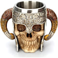 Miniatyrbillede 1 af 5: Vikinge Kriger Kranie Krus Tankard Rustfrit Stål Kranie Krus Ølkrus Kaffe/Drik 18oz Vikinge Kriger Ram Horn Hjelm krus