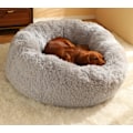 Miniatyrbilde 2 av 5: Myk plysj katte beroligende hunde seng, rund vaskbar kjæledyrseng for store hunder og mellomstore katter, plysj kunstpels opptil 11/15/24/45 kg, grå