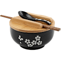 Miniatyrbild 1 av 3: Ramen skålset, japanska ramen nudlar skålar med lock och sked, stor keramisk soppskål, handritad svart ris skål 6,5 tum -p retro nudlar skål