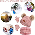 Miniatyrbild 5 av 5: Barn Vinter Varma Mössa Halsduk Vantar Set Rosa Termisk Stickad Virkad Tjock Fluffig Småbarn Halsduk Dubbel Pom Pom Bobble Mössa med Konstgjord Päls för Flickor