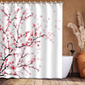 Miniatyrbillede 2 af 4: Badeværelsesforhæng i stof med kroge, Sakura pink blomstermønster, dekorativt bruseforhæng til badeværelse, maskinvaskbart, 182,9 x 182,9 cm