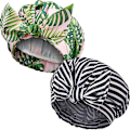 Miniatyrbilde 1 av 5: 2 stk dusjhetter for kvinner, gjenbrukbare dusjhetter vanntett elastisk kant turban badehette for langt hår (palmeblad og stripe)