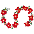 Miniatyrbillede 3 af 4: Jule Poinsettia Lysstreng med Røde Bær og Misteltenblade, Forudbelyst Fløjlsagtig Kunstig Poinsettia Girlande til Julepynt, Indendørs/Udendørs