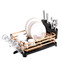 Miniatyrbillede 1 af 4: Multifunktionel automatisk drænende aluminiumsopvaskestativ med vandudløb (gylden + sort chassis)