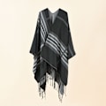 Miniatyrbillede 1 af 5: Damekapper, Cape Style Efterårstøj, Frontåben Boho Buffalo Uld Cardigan, Oversized Ternet Cape Sweater med Frynser, Sort - Striber