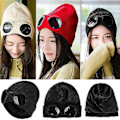 Miniatyrbillede 2 af 3: Unisex Vinter Varmt Uldstrikkede Tyk Hue Hat Briller Hue Cap Sort