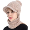Miniatyrbilde 1 av 5: 3 i 1 Damelue Sjal Sett Vinter Strikket Lue med Visir og Avtakbar Maske Dame Strikket Sykkel Ski Lue Beanie(Khaki)