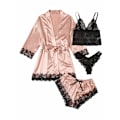 Miniatyrbild 1 av 4: Dam satin pyjamas set 4 delar blommig spets trimmad camisole underkläder pyjamas med morgonrock L
