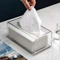 Miniatyrbillede 5 af 5: Firkant gennemsigtig akryl-servietbeholder, kassebetræk rektangulær, servietbeholdere til badeværelsesansigt, bordgennemsigtig tørretumblerarkdispenser til badeværelse, køkken