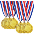 Pikkukuva 1 / 5: Kultaiset metallivoittajan mitalit, 6 kappaleen sarja ensimmäisen palkinnon olympiamitaleja urheiluun, kilpailuihin ja juhliin, halkaisija 2,5 tuumaa, nauha 32 tuumaa.