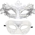 Miniatyrbild 1 av 5: Par Maskerad Mask Metall Järn Fjäril Bal Mask (Silver Vit) 2 Stycken silver