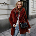 Miniatyrbillede 2 af 5: Lang Moderigtig Pels Plys Varm Elegant Afslappet Løs Frakke Vinter Fortykket Revers Fluffy Frakke red 2XL