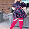 Miniatyrbillede 5 af 5: Plus Size Dame Lårstrømper til Tykke Lår - Ekstra Lange Stribede Tykke Over Rose Vit