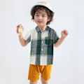 Miniatyrbilde 3 av 6: Rutete skjorte med korte ermer for gutter, barneskjorter med knapper, rutete sommerklær for 1-8 år Green 3-4Y