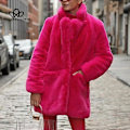 Miniatyrbillede 1 af 5: Lang Moderigtig Pels Plys Varm Elegant Afslappet Løs Frakke Vinter Fortykket Revers Fluffy Frakke rose red M