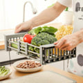 Miniatyrbild 2 av 5: Rostfritt Stål Teleskopisk Diskställ Diskställ Justerbar Diskställ Utbyggbar Diskställ Köksdiskställ Organizer för Grönsaker Frukt