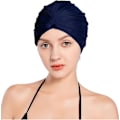 Miniatyrbillede 2 af 4: Stof Svømmehætte Plisseret Svømmehat Kvinder Svømmehætte til Turban Hat, Navy Blå