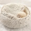 Miniatyrbilde 4 av 6: 2 i 1 halvlukket katteseng, rund kort plysj lang varm vinter katteseng, Donut Fluffy katteseng, 40 * 40cm, lys brun