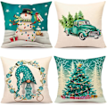 Miniatyrbild 1 av 4: Turkos Jul Kuddfodral 45cmx45cm Set om 4 Farmhouse Juldekorationer Snögubbe Tomte med Blomsterkrans Lastbil med Träd Vintersemester Dekor