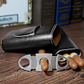 Miniatyrbillede 4 af 5: 3-Finger Læder Cigar Etui med Cutter Cedar Træforet Cigar Humidor Bærbar Rejse Cigar Etui, Sort