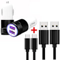 Miniatyrbillede 1 af 4: Pakke med biloplader + 2 USB-C kabler til Ulefone Tab A8 Ultra-powerful og hurtig oplader 2X (5V - 2,1A) + 2 kabler 1M - SORT