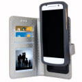 Miniatyrbild 2 av 4: PH26® Fickfodral folio för Motorola Moto C4G i silver-ekoläder med guldprickar, med kortfacket, spegel och synliga sömmar.
