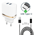 Miniatyrbillede 1 af 4: Type C kabelpakke til Samsung Galaxy S20 FE LTE Ultra-kraftig og hurtig oplader 2X USB 5V - 2.1A - SORT Vit