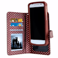 Miniatyrbillede 2 af 4: PH26® Brun folio-etui med guldprikker til Oukitel U11 Plus i øko-læder med kortholder, spejl og synlige syninger Brun med guldprickar