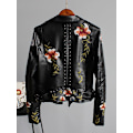 Miniatyrbillede 3 af 5: Blomstermønster Print Faux Blød Læderjakke Dame Pu Motorcykel Jakke Kvinde Sort Punk Lynlås Nitte Overtøj Sort Black XXL