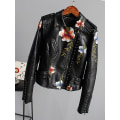 Miniatyrbillede 4 af 5: Blomstermønster Print Faux Blød Læderjakke Dame Pu Motorcykel Jakke Kvinde Sort Punk Lynlås Nitte Overtøj Sort Black XXL